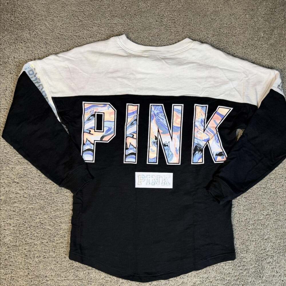 PINK Victoria's Secret Shirt Womens XS Black White Colorblock Long Sleeve
